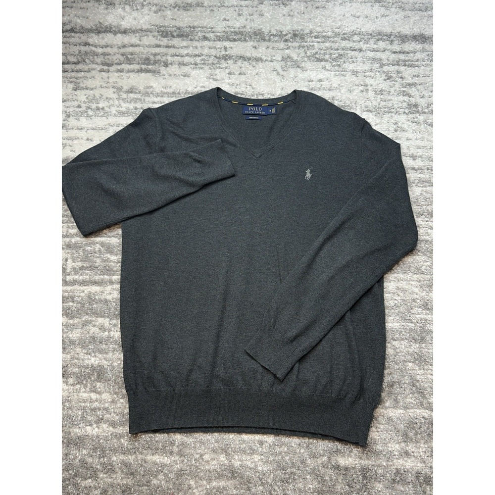 Polo Ralph Lauren Medium Gray Pullover Sweater V‎ Neck Lightweight Pima Cotton - Picture 2 of 9